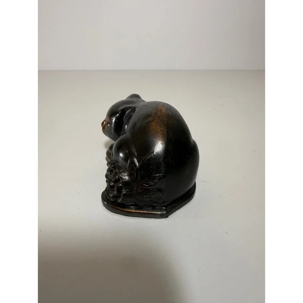 Vintage Bronze Tone Sleeping Cat Figurine with Rose Detail Decorative Weight